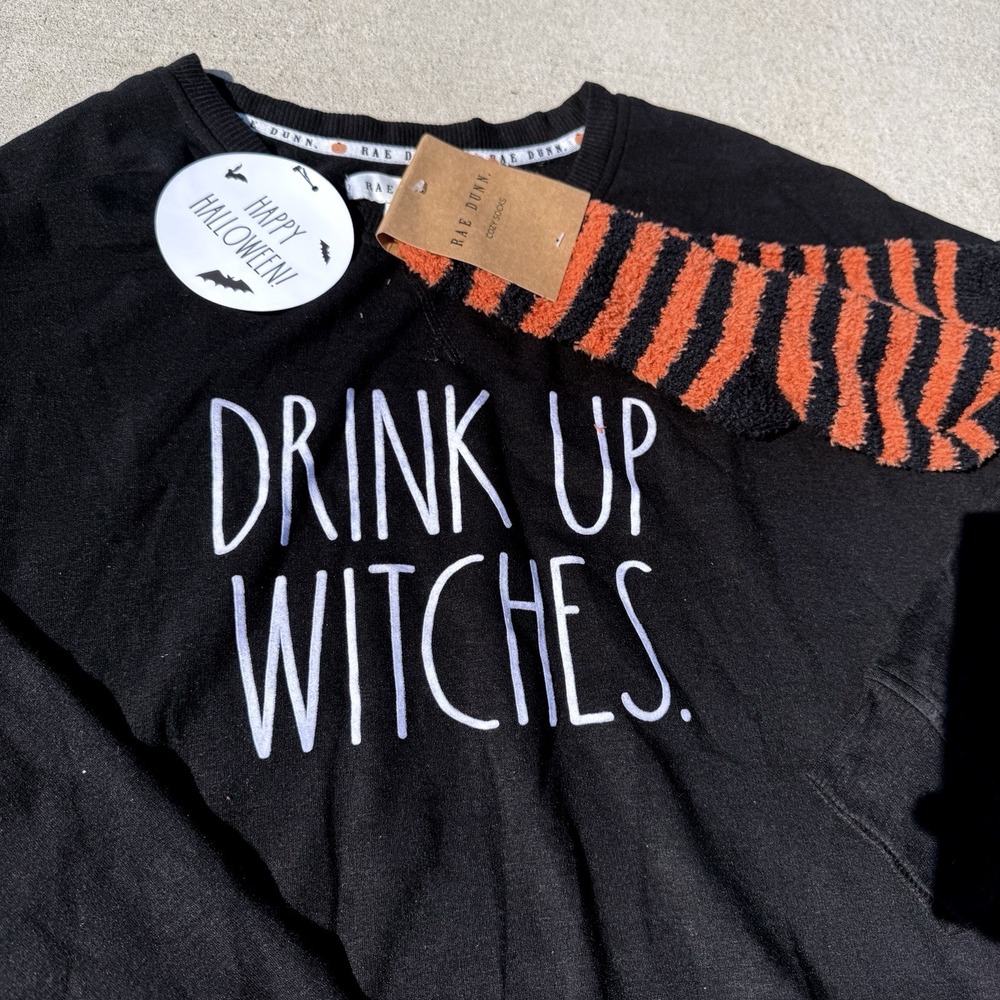 Rae Dunn Drink Up Witches Black Sweatshirt Halloween‎ Cozy Sock Combo NWT Large